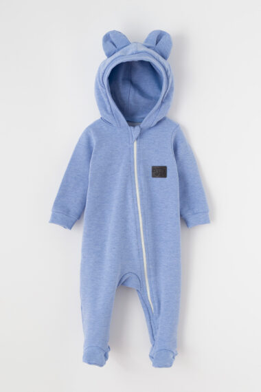 Mėlynas kūdikių kombinezonas su gobtuvu, ausytėmis ir meškučio aplikacija