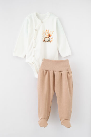 Komplet niemowlęcy body + półśpiochy - Wiewiórka Ecru