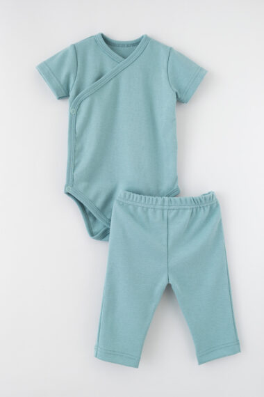 Komplet niemowlęcy body kopertowe + spodenki - Miętowy