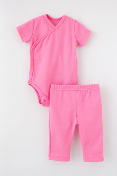 Komplet niemowlęcy body kopertowe + spodenki - Różowy