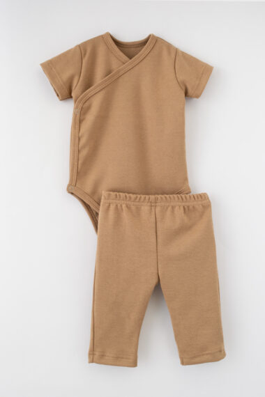Komplet niemowlęcy body kopertowe + spodenki - Beżowy