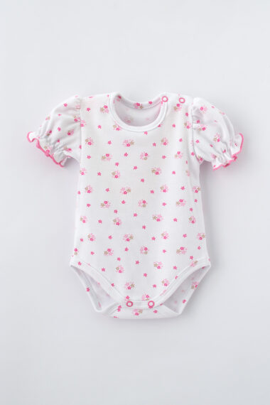 Body niemowlęce różowe kwiatki bufki krótki rękaw